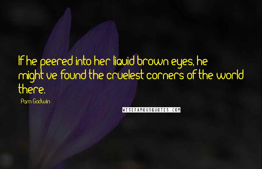 Pam Godwin Quotes: If he peered into her liquid brown eyes, he might've found the cruelest corners of the world there.