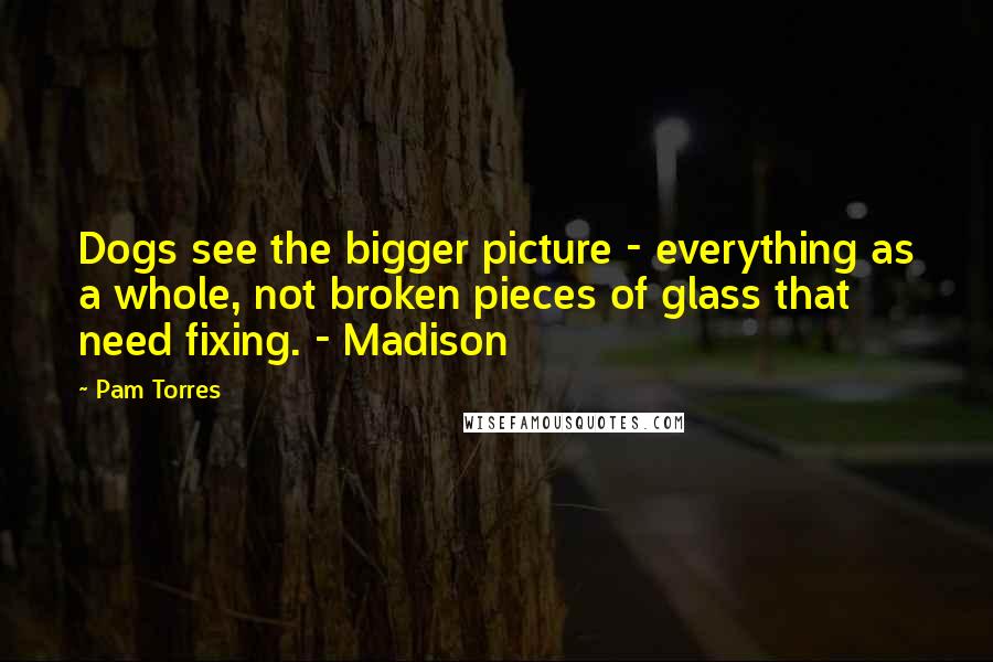 Pam Torres Quotes: Dogs see the bigger picture - everything as a whole, not broken pieces of glass that need fixing. - Madison