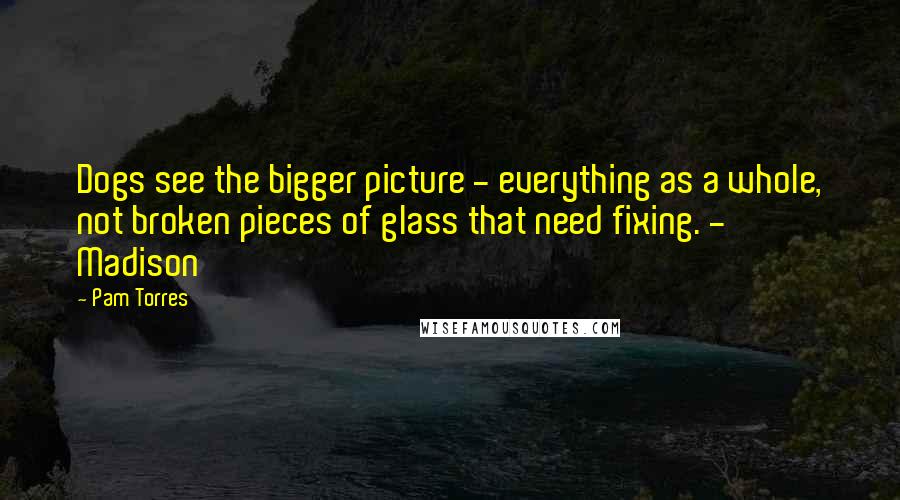 Pam Torres Quotes: Dogs see the bigger picture - everything as a whole, not broken pieces of glass that need fixing. - Madison