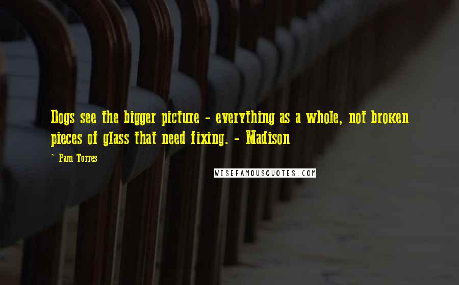 Pam Torres Quotes: Dogs see the bigger picture - everything as a whole, not broken pieces of glass that need fixing. - Madison