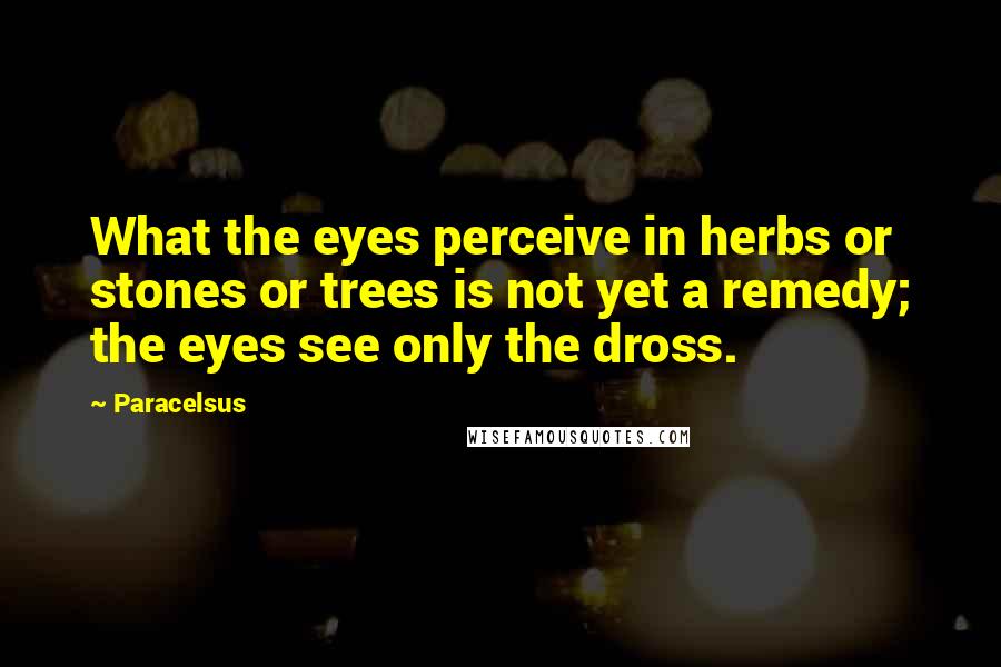 Paracelsus Quotes: What the eyes perceive in herbs or stones or trees is not yet a remedy; the eyes see only the dross.