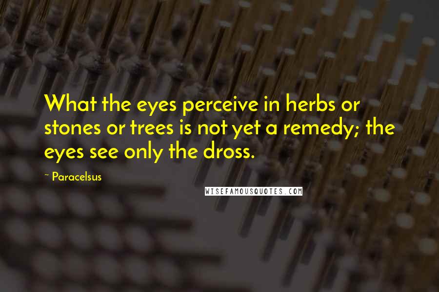 Paracelsus Quotes: What the eyes perceive in herbs or stones or trees is not yet a remedy; the eyes see only the dross.