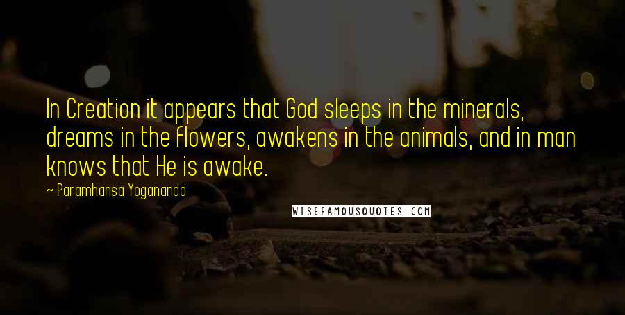 Paramhansa Yogananda Quotes: In Creation it appears that God sleeps in the minerals, dreams in the flowers, awakens in the animals, and in man knows that He is awake.