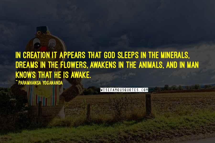 Paramhansa Yogananda Quotes: In Creation it appears that God sleeps in the minerals, dreams in the flowers, awakens in the animals, and in man knows that He is awake.