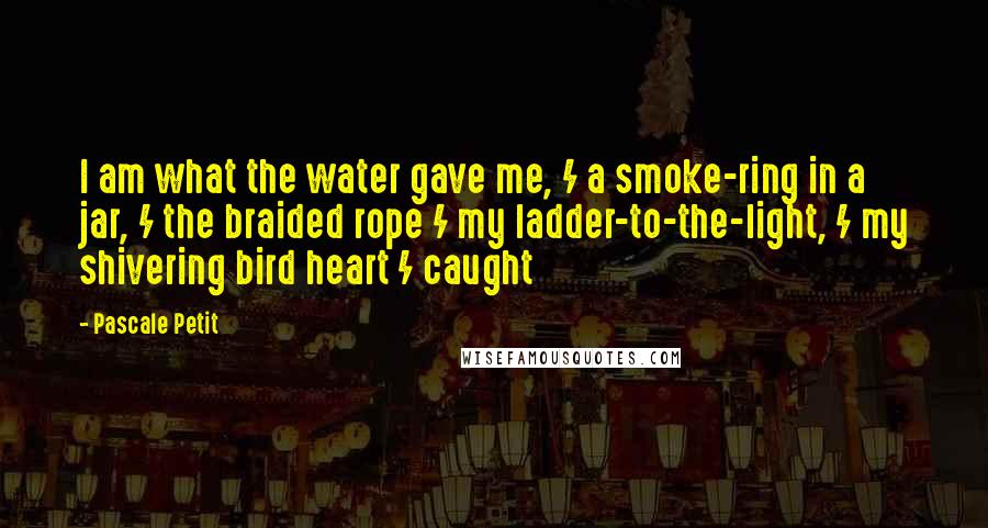 Pascale Petit Quotes: I am what the water gave me, / a smoke-ring in a jar, / the braided rope / my ladder-to-the-light, / my shivering bird heart / caught