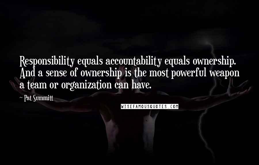 Pat Summitt Quotes: Responsibility equals accountability equals ownership. And a sense of ownership is the most powerful weapon a team or organization can have.