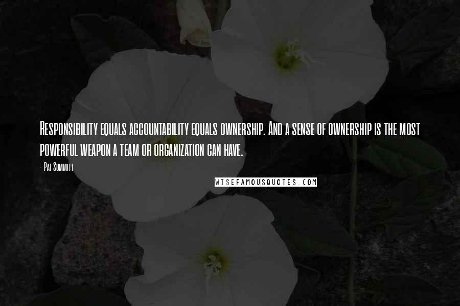 Pat Summitt Quotes: Responsibility equals accountability equals ownership. And a sense of ownership is the most powerful weapon a team or organization can have.