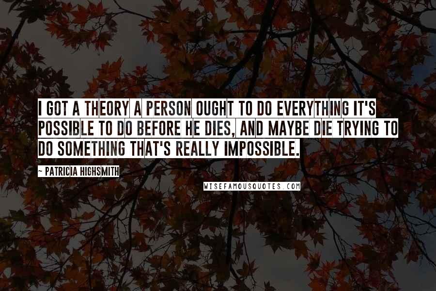 Patricia Highsmith Quotes: I got a theory a person ought to do everything it's possible to do before he dies, and maybe die trying to do something that's really impossible.