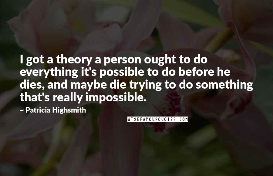 Patricia Highsmith Quotes: I got a theory a person ought to do everything it's possible to do before he dies, and maybe die trying to do something that's really impossible.