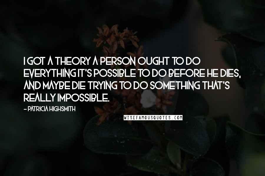Patricia Highsmith Quotes: I got a theory a person ought to do everything it's possible to do before he dies, and maybe die trying to do something that's really impossible.