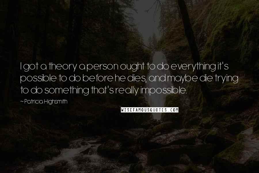 Patricia Highsmith Quotes: I got a theory a person ought to do everything it's possible to do before he dies, and maybe die trying to do something that's really impossible.