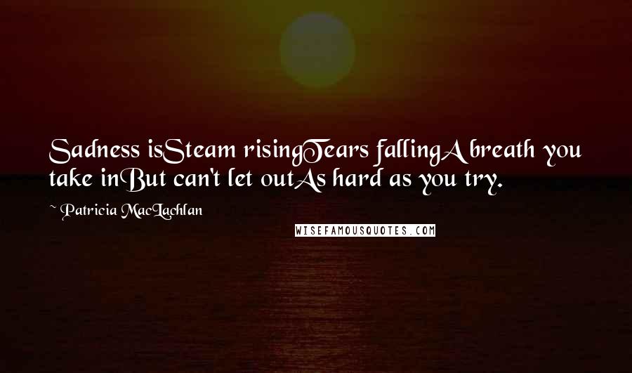 Patricia MacLachlan Quotes: Sadness isSteam risingTears fallingA breath you take inBut can't let outAs hard as you try.