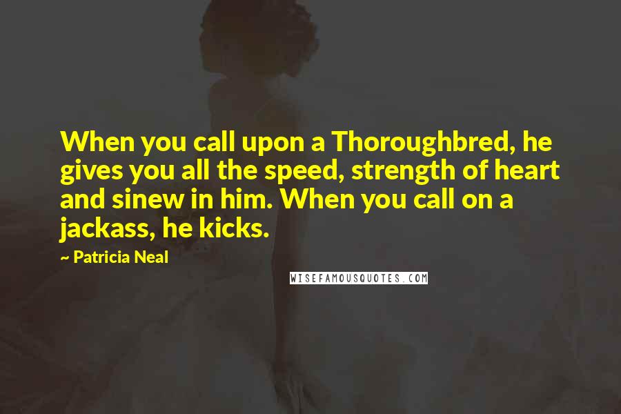 Patricia Neal Quotes: When you call upon a Thoroughbred, he gives you all the speed, strength of heart and sinew in him. When you call on a jackass, he kicks.