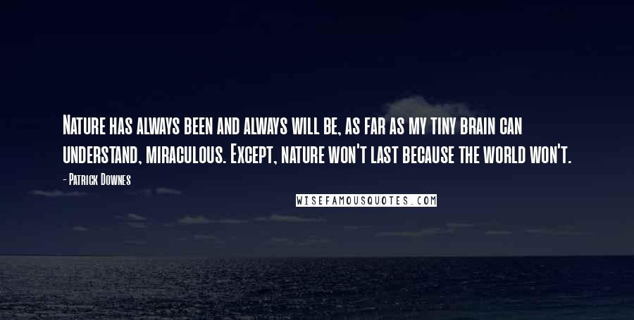 Patrick Downes Quotes: Nature has always been and always will be, as far as my tiny brain can understand, miraculous. Except, nature won't last because the world won't.