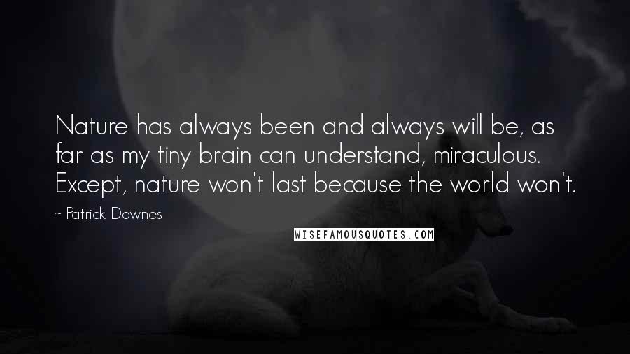 Patrick Downes Quotes: Nature has always been and always will be, as far as my tiny brain can understand, miraculous. Except, nature won't last because the world won't.