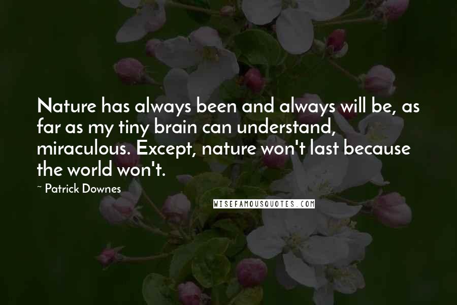 Patrick Downes Quotes: Nature has always been and always will be, as far as my tiny brain can understand, miraculous. Except, nature won't last because the world won't.