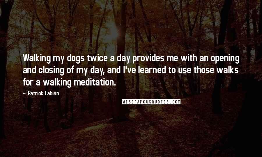 Patrick Fabian Quotes: Walking my dogs twice a day provides me with an opening and closing of my day, and I've learned to use those walks for a walking meditation.