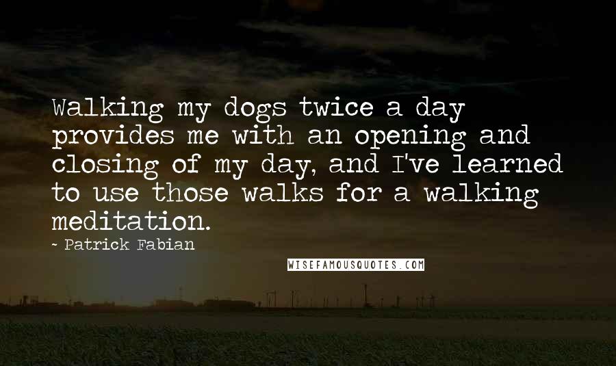 Patrick Fabian Quotes: Walking my dogs twice a day provides me with an opening and closing of my day, and I've learned to use those walks for a walking meditation.