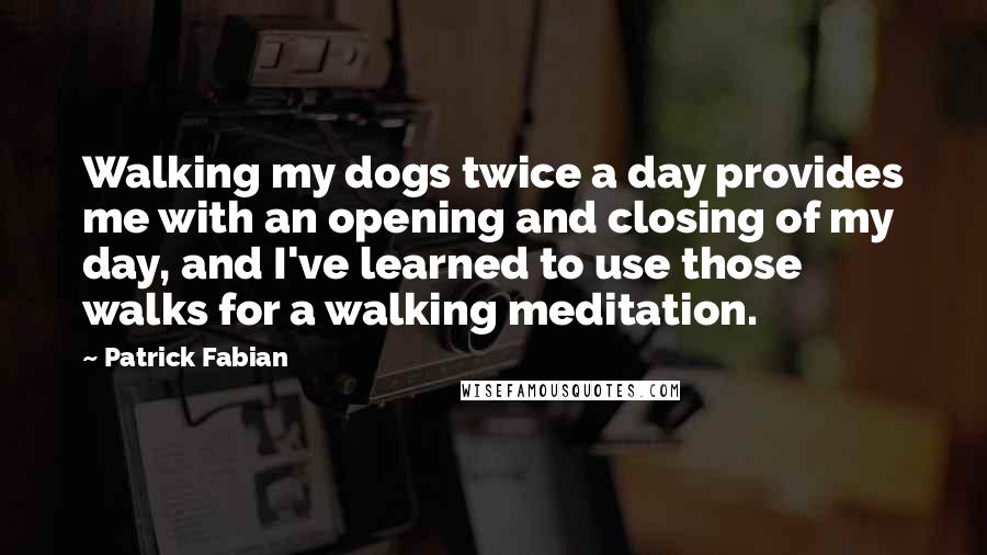 Patrick Fabian Quotes: Walking my dogs twice a day provides me with an opening and closing of my day, and I've learned to use those walks for a walking meditation.