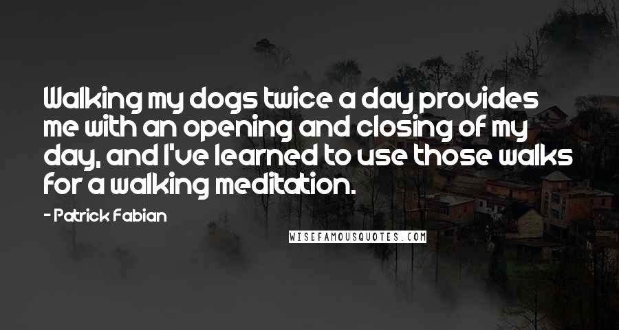 Patrick Fabian Quotes: Walking my dogs twice a day provides me with an opening and closing of my day, and I've learned to use those walks for a walking meditation.