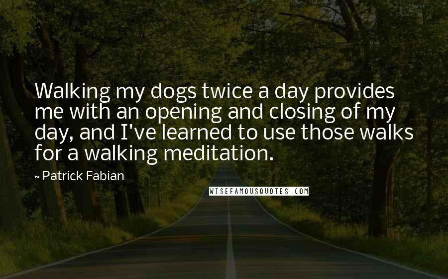 Patrick Fabian Quotes: Walking my dogs twice a day provides me with an opening and closing of my day, and I've learned to use those walks for a walking meditation.