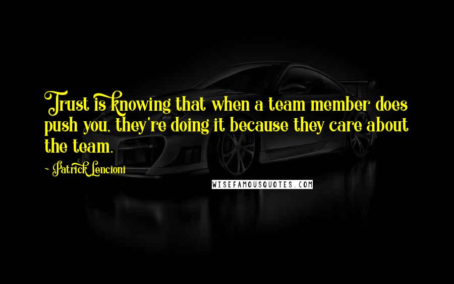 Patrick Lencioni Quotes: Trust is knowing that when a team member does push you, they're doing it because they care about the team.