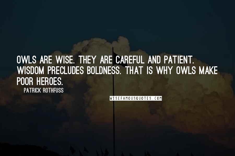 Patrick Rothfuss Quotes: Owls are wise. They are careful and patient. Wisdom precludes boldness. That is why owls make poor heroes.