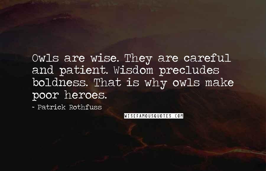 Patrick Rothfuss Quotes: Owls are wise. They are careful and patient. Wisdom precludes boldness. That is why owls make poor heroes.