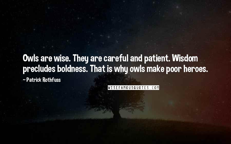 Patrick Rothfuss Quotes: Owls are wise. They are careful and patient. Wisdom precludes boldness. That is why owls make poor heroes.