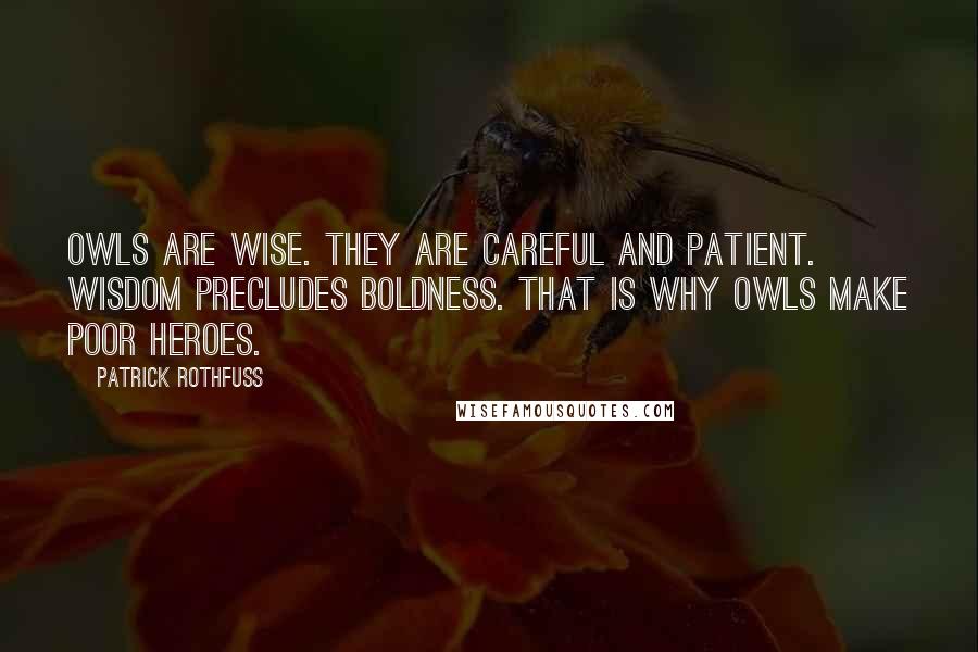 Patrick Rothfuss Quotes: Owls are wise. They are careful and patient. Wisdom precludes boldness. That is why owls make poor heroes.