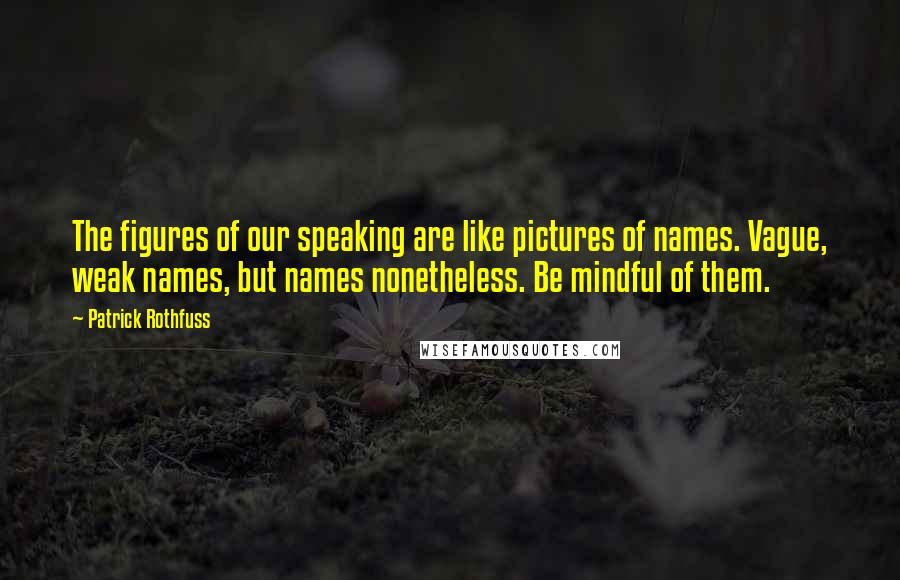 Patrick Rothfuss Quotes: The figures of our speaking are like pictures of names. Vague, weak names, but names nonetheless. Be mindful of them.
