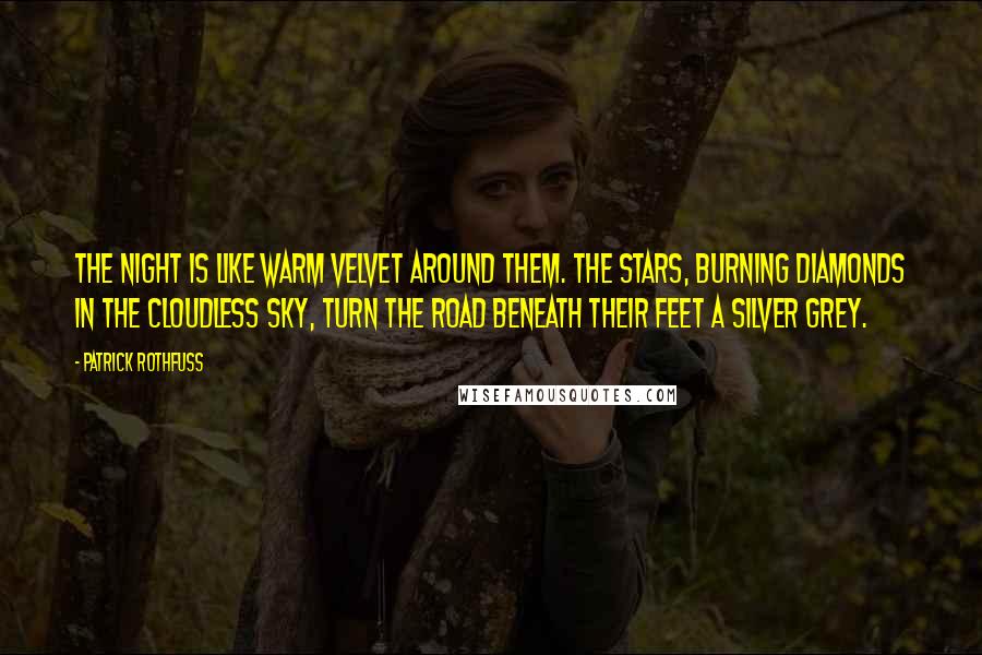 Patrick Rothfuss Quotes: The night is like warm velvet around them. The stars, burning diamonds in the cloudless sky, turn the road beneath their feet a silver grey.
