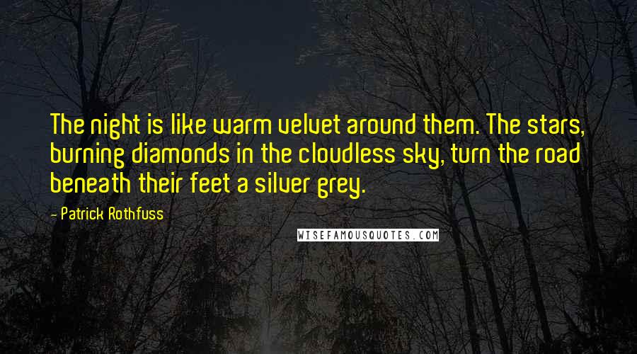 Patrick Rothfuss Quotes: The night is like warm velvet around them. The stars, burning diamonds in the cloudless sky, turn the road beneath their feet a silver grey.