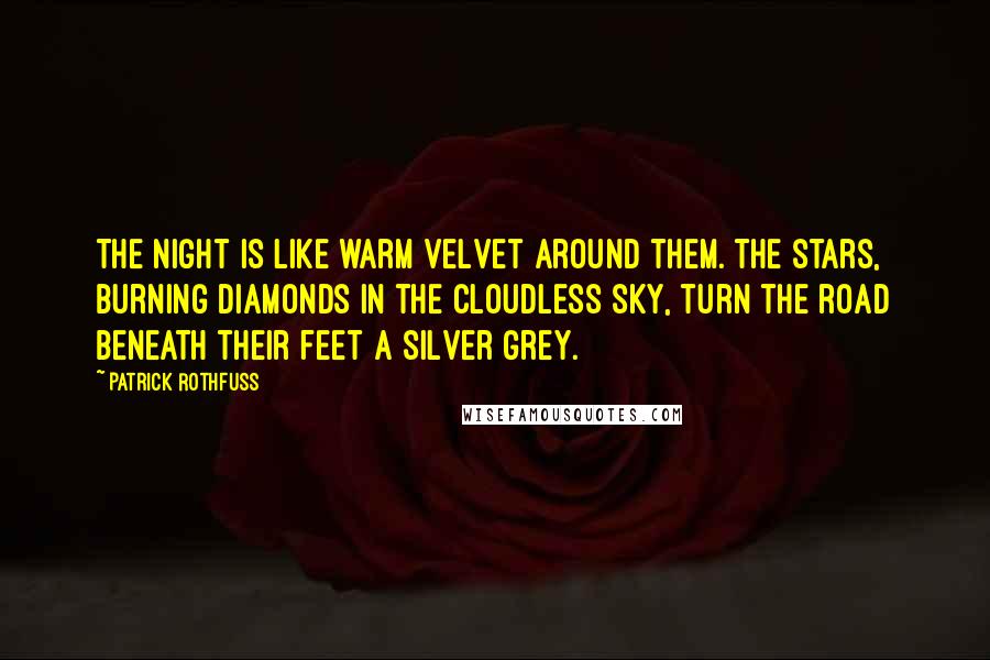 Patrick Rothfuss Quotes: The night is like warm velvet around them. The stars, burning diamonds in the cloudless sky, turn the road beneath their feet a silver grey.