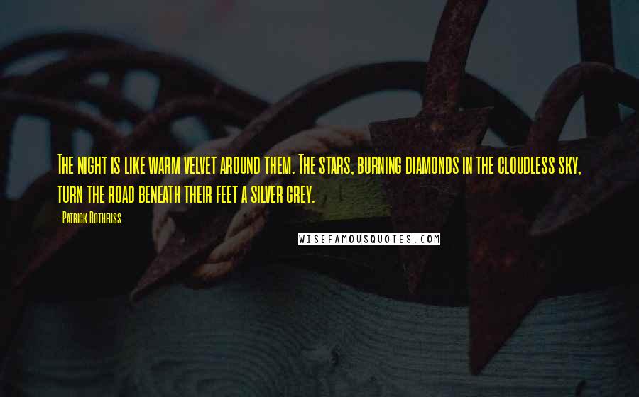 Patrick Rothfuss Quotes: The night is like warm velvet around them. The stars, burning diamonds in the cloudless sky, turn the road beneath their feet a silver grey.