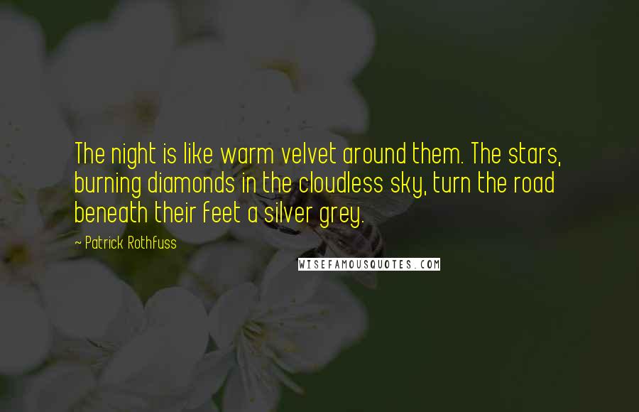 Patrick Rothfuss Quotes: The night is like warm velvet around them. The stars, burning diamonds in the cloudless sky, turn the road beneath their feet a silver grey.