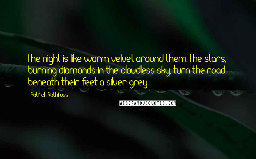 Patrick Rothfuss Quotes: The night is like warm velvet around them. The stars, burning diamonds in the cloudless sky, turn the road beneath their feet a silver grey.