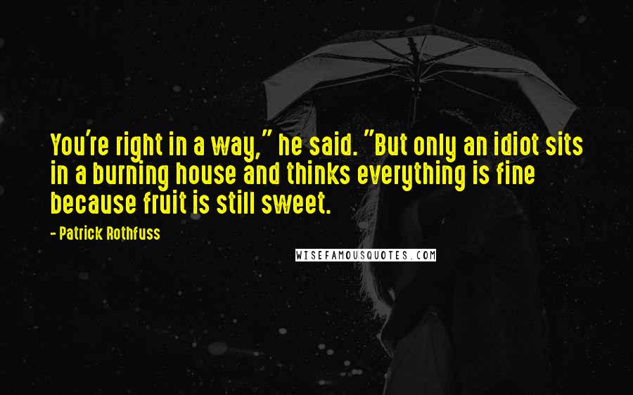 Patrick Rothfuss Quotes: You're right in a way," he said. "But only an idiot sits in a burning house and thinks everything is fine because fruit is still sweet.