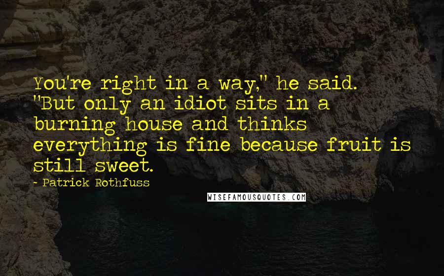 Patrick Rothfuss Quotes: You're right in a way," he said. "But only an idiot sits in a burning house and thinks everything is fine because fruit is still sweet.