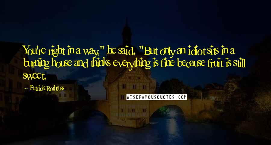 Patrick Rothfuss Quotes: You're right in a way," he said. "But only an idiot sits in a burning house and thinks everything is fine because fruit is still sweet.