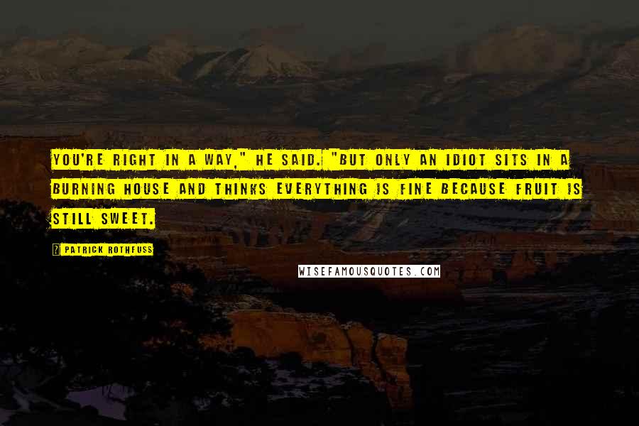 Patrick Rothfuss Quotes: You're right in a way," he said. "But only an idiot sits in a burning house and thinks everything is fine because fruit is still sweet.