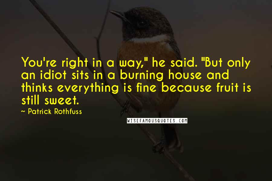 Patrick Rothfuss Quotes: You're right in a way," he said. "But only an idiot sits in a burning house and thinks everything is fine because fruit is still sweet.