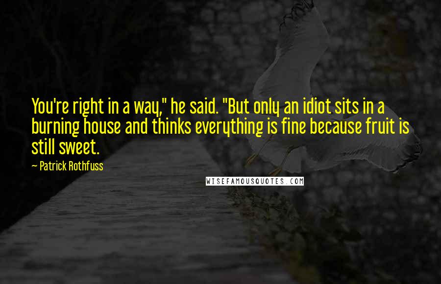 Patrick Rothfuss Quotes: You're right in a way," he said. "But only an idiot sits in a burning house and thinks everything is fine because fruit is still sweet.