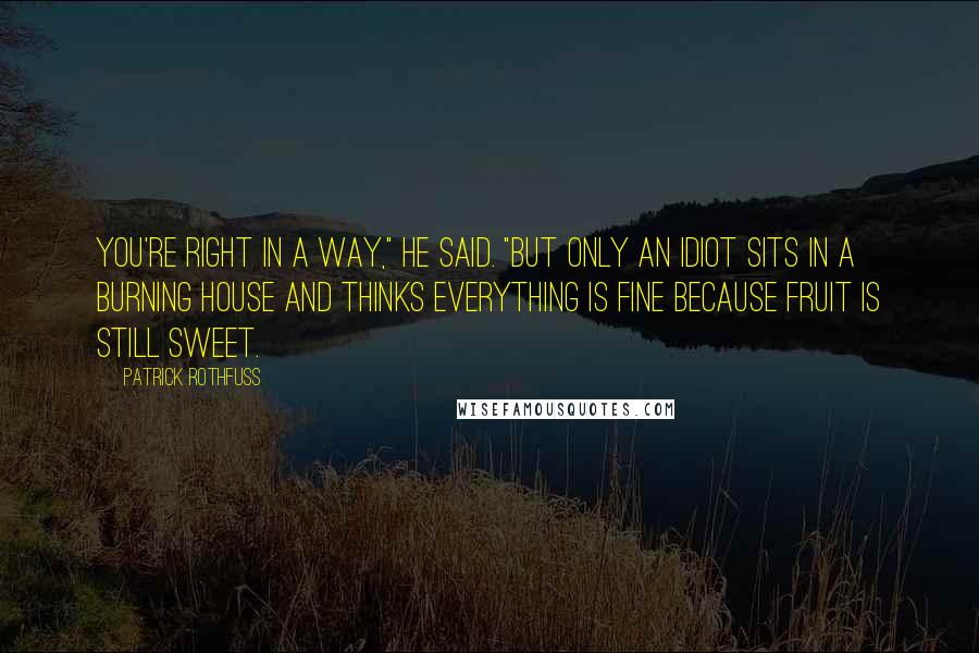 Patrick Rothfuss Quotes: You're right in a way," he said. "But only an idiot sits in a burning house and thinks everything is fine because fruit is still sweet.