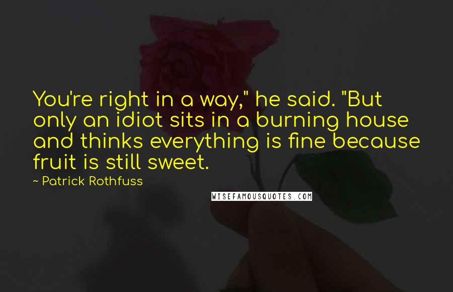 Patrick Rothfuss Quotes: You're right in a way," he said. "But only an idiot sits in a burning house and thinks everything is fine because fruit is still sweet.