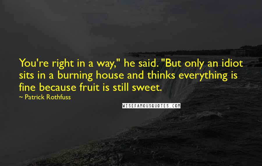 Patrick Rothfuss Quotes: You're right in a way," he said. "But only an idiot sits in a burning house and thinks everything is fine because fruit is still sweet.