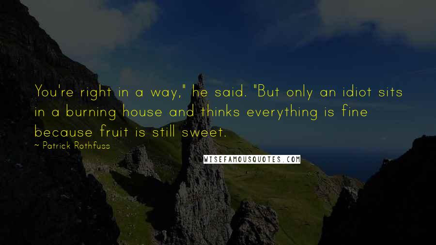 Patrick Rothfuss Quotes: You're right in a way," he said. "But only an idiot sits in a burning house and thinks everything is fine because fruit is still sweet.