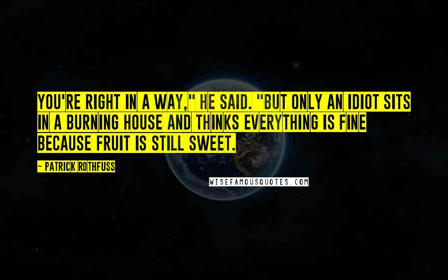 Patrick Rothfuss Quotes: You're right in a way," he said. "But only an idiot sits in a burning house and thinks everything is fine because fruit is still sweet.