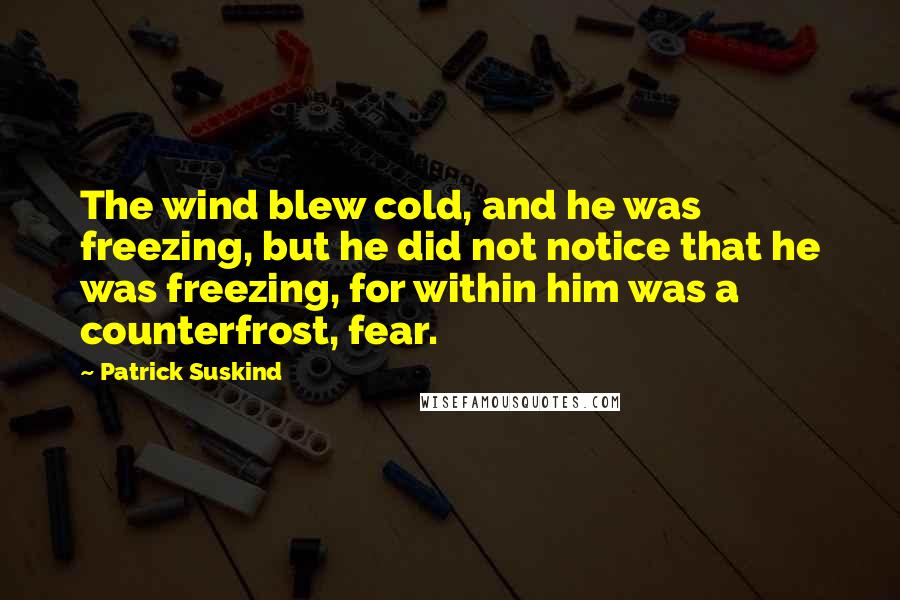 Patrick Suskind Quotes: The wind blew cold, and he was freezing, but he did not notice that he was freezing, for within him was a counterfrost, fear.