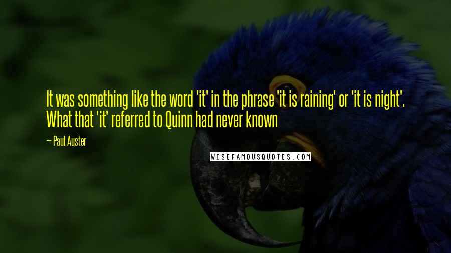 Paul Auster Quotes: It was something like the word 'it' in the phrase 'it is raining' or 'it is night'. What that 'it' referred to Quinn had never known